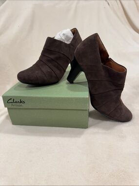 Clarks Dark Brown Suede Ankle Booties with Mid Heels